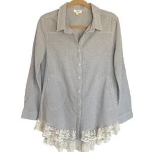 Umgee Button Down Tunic Womens Size L Striped Lace Trimmed Relaxed Casual